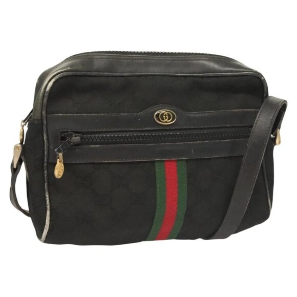 GUCCI GG Canvas Web Sherry Line Shoulder Bag Black Gold Red 010 378 Auth 129553 - Picture 1 of 16